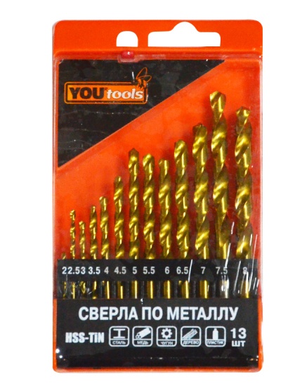 Сверла по металлу, ц/х YOURTOOLS HSS-TIN 2-8мм 13шт 