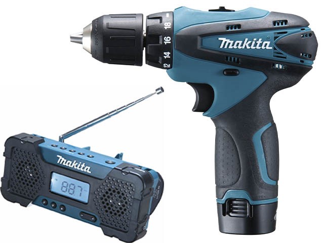 Аккум. шуруповерт MAKITA DF 330 DWE в чем. + АКЦИЯ(Радиоприемник аккум.) (10.8 В, 2 акк., 1.3 А/ч Li-Ion, 2 скор., 24 Нм, шурупы до 7 мм)