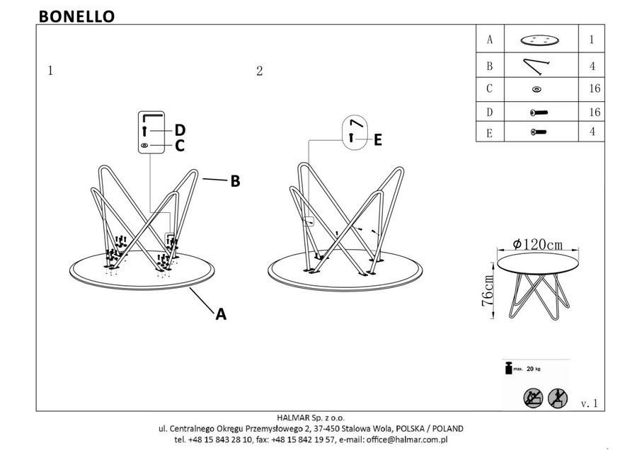 Стол обеденный HALMAR BONELLO серый мрамор/золотой, 120/76 арт. V-CH-BONELLO-ST 