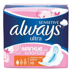 ALWAYS Ultra Sensitive Ультратонкие женские гигиенические прокладки Normal Plus Single 10шт ПрКор