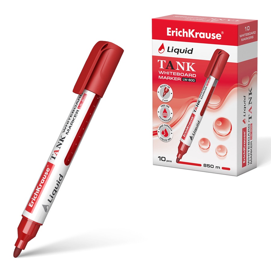 Маркер для досок с жидкими чернилами ErichKrause® Liquid LW-600, цвет чернил красный в коробке по 10 шт