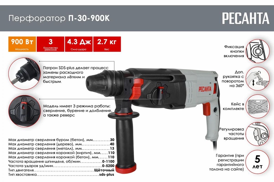 Перфоратор Ресанта П-30-900К