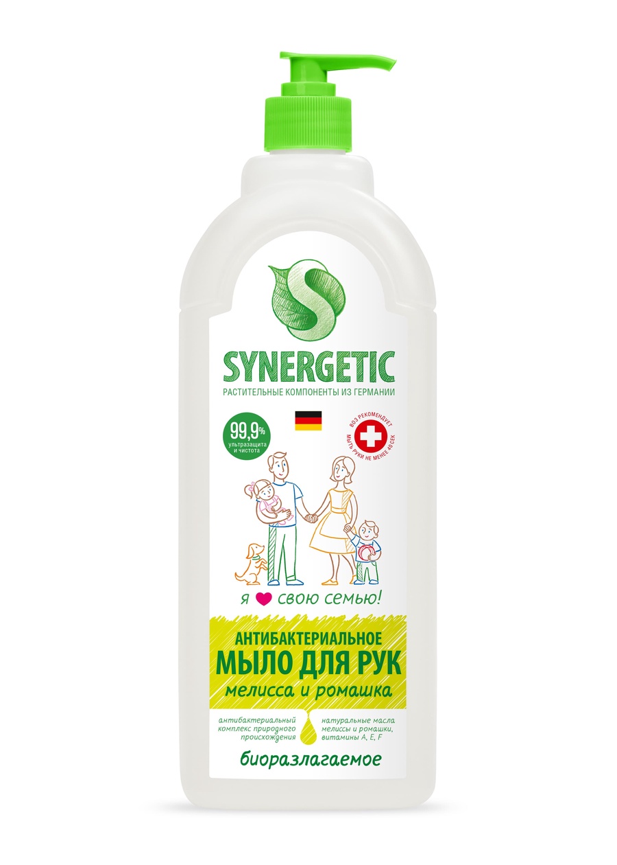 Мыло жидкое биоразлагаемое для мытья рук и тела Мелисса и ромашка, чистота и ультра защита 99,9%, 1 л SYNERGETIC 
