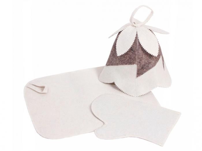 Набор 3-х предметный "Колокольчик "(шапка с вышивкой, коврик белый, рукавица)