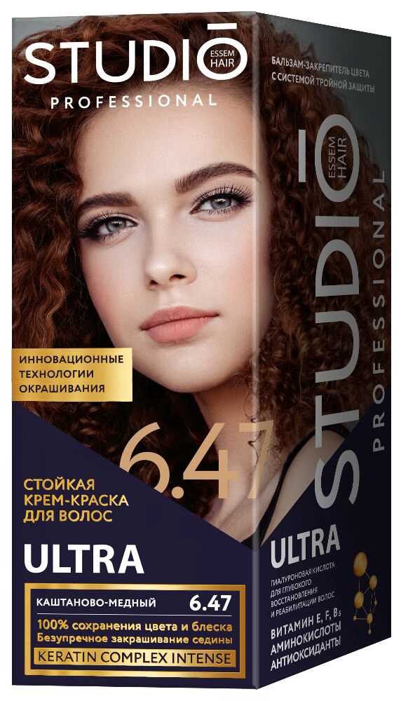 Стойкая крем-краска для седых волос STUDIO Professional ULTRA 6.47 Каштаново-медный (крем-краска 50 мл, оксидант 50 мл, бальзам 15 мл)