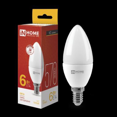 Лампа светодиод. IN HOME LED-СВЕЧА-VC 6Вт 230В Е14 3000К 570Лм 