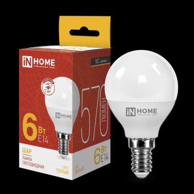 Лампа светодиод. IN HOME LED-ШАР-VC 6Вт 230В Е14 3000К 570Лм 