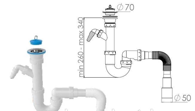 Сифон для кухни прямоточный AV Engineering выпуск 70мм 1 1/2"-40/50мм арт.AVE129762 