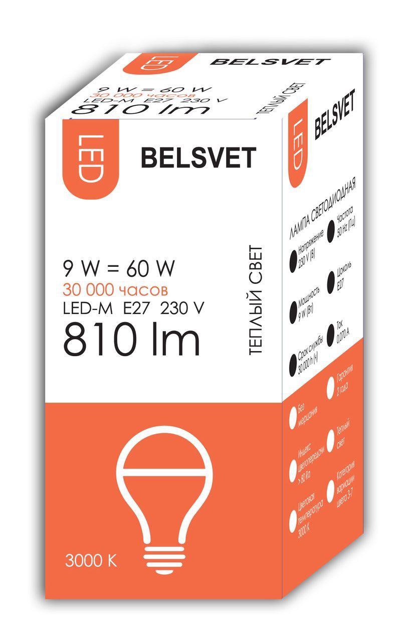 Лампа светодиодная BELSVET LED-M A60 9 W 3000 K E27 (Груша)