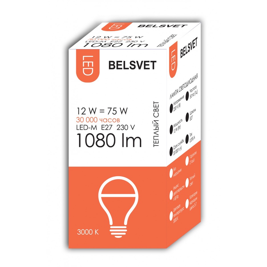 Лампа светодиодная BELSVET LED-M A60 12 W 3000 K E27 (Груша)