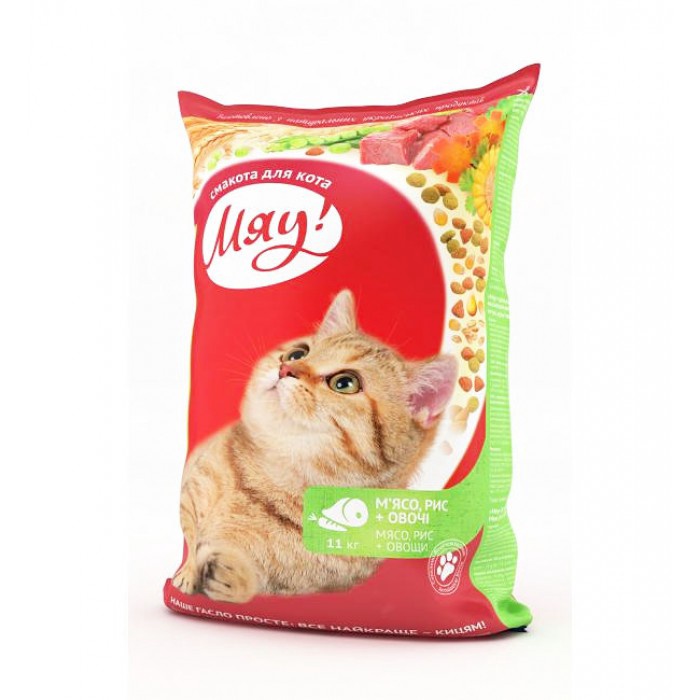 Сухой корм "Мяу!" для взрослых кошек,мясо,рис+овощи(11 кг)