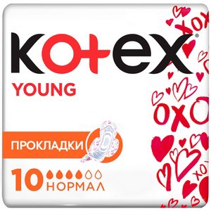Прокладки женские гигиенические  ультратонкие с крылышками Kotex Young Normal (Нормал), *10шт