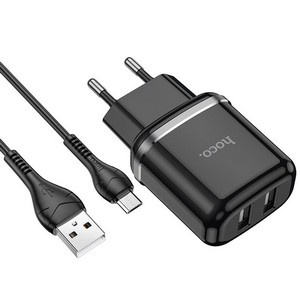 Cетевое зарядное устройство hoco N4 2USB порта черный с кабелем Micro