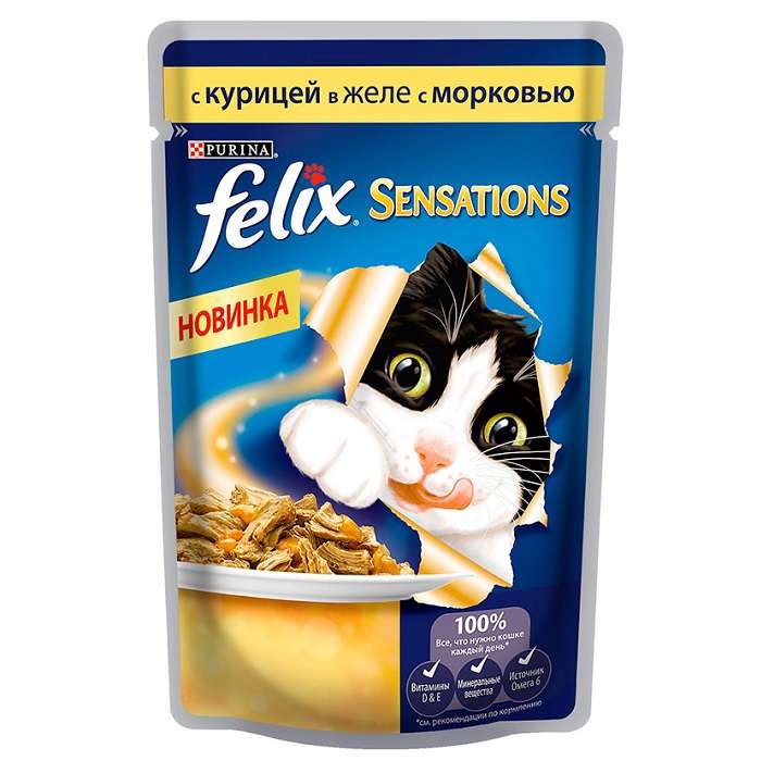 Корм консервированный полнорационный для взрослых кошек FELIX SENSATIONS курица в желе с морковью 75 гр. 