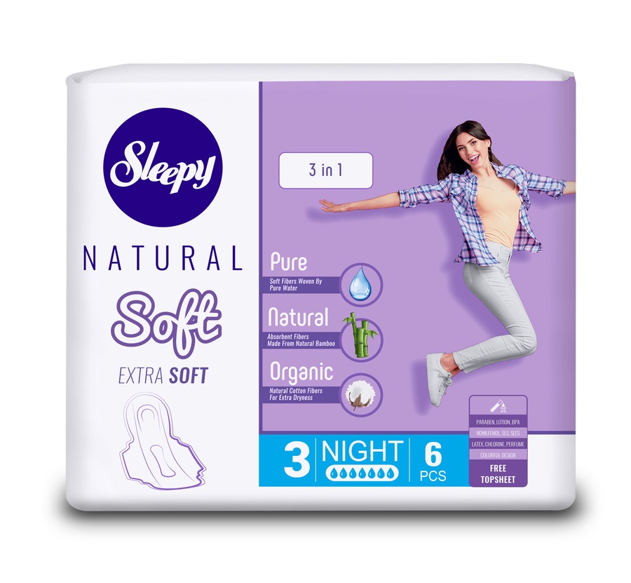 Женские гигиенические прокладки, 6 шт (СЗ) Sleepy Natural SOFT EXTRA SOFT 3 в 1 Night 