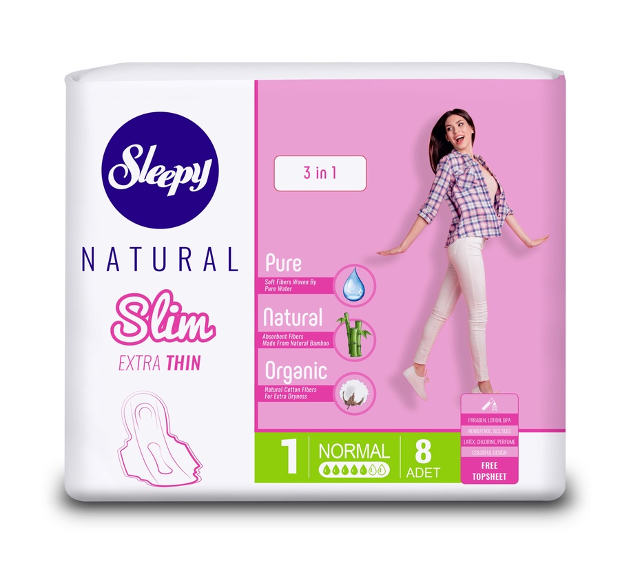 Супертонкие женские гигиенические прокладки, 8 шт (СЗ) Sleepy Natural SLIM EXTRA THIN 3 в 1 Normal 