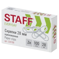 Скрепка канцелярская оцинкованная STAFF EVERYDAY 28 мм., 100 шт. арт. 224799 