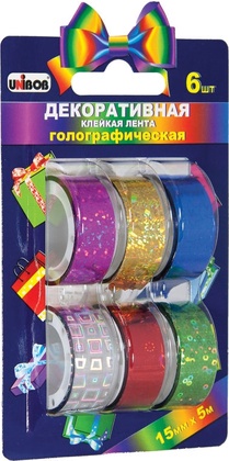 Лента клейкая декоративная Unibob разноцветная 15ммх5м уп/6шт арт.1132134 