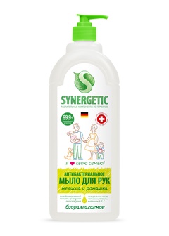Мыло жидкое биоразлагаемое для мытья рук и тела Мелисса и ромашка, чистота и ультра защита 99,9%, 1 л SYNERGETIC 