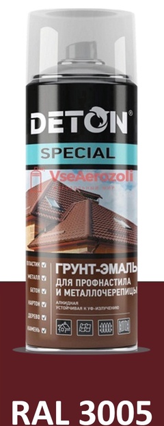 Грунт-эмаль DETON SPECIAL для профнастила и металлочерепицы аэрозоль красное вино 0,52 л арт. RAL 3005 