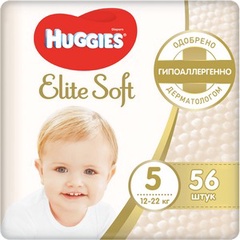 Детские одноразовые подгузники Huggies Elite Soft (5) Mega (12-22 кг) 56шт